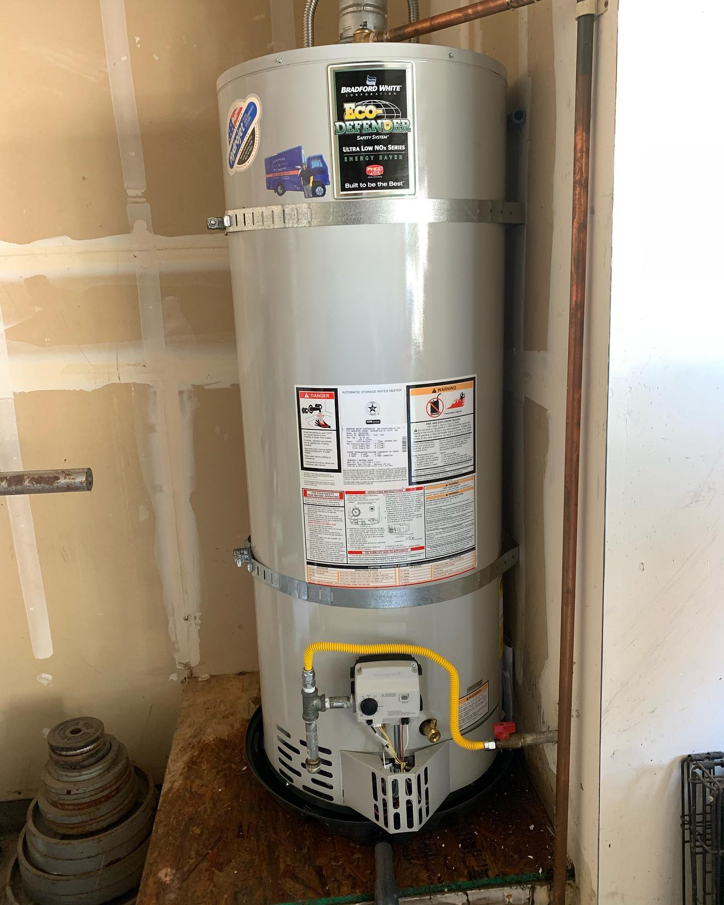 bradford white eco defender tanked water heater installed in a Mountain House garage